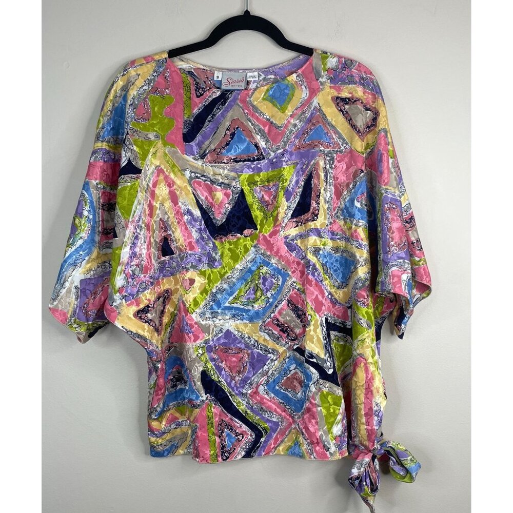 Vintage Art To Wear Silky Top Small Side Tie Satin Relaxed Vibrant Dopamine Chic